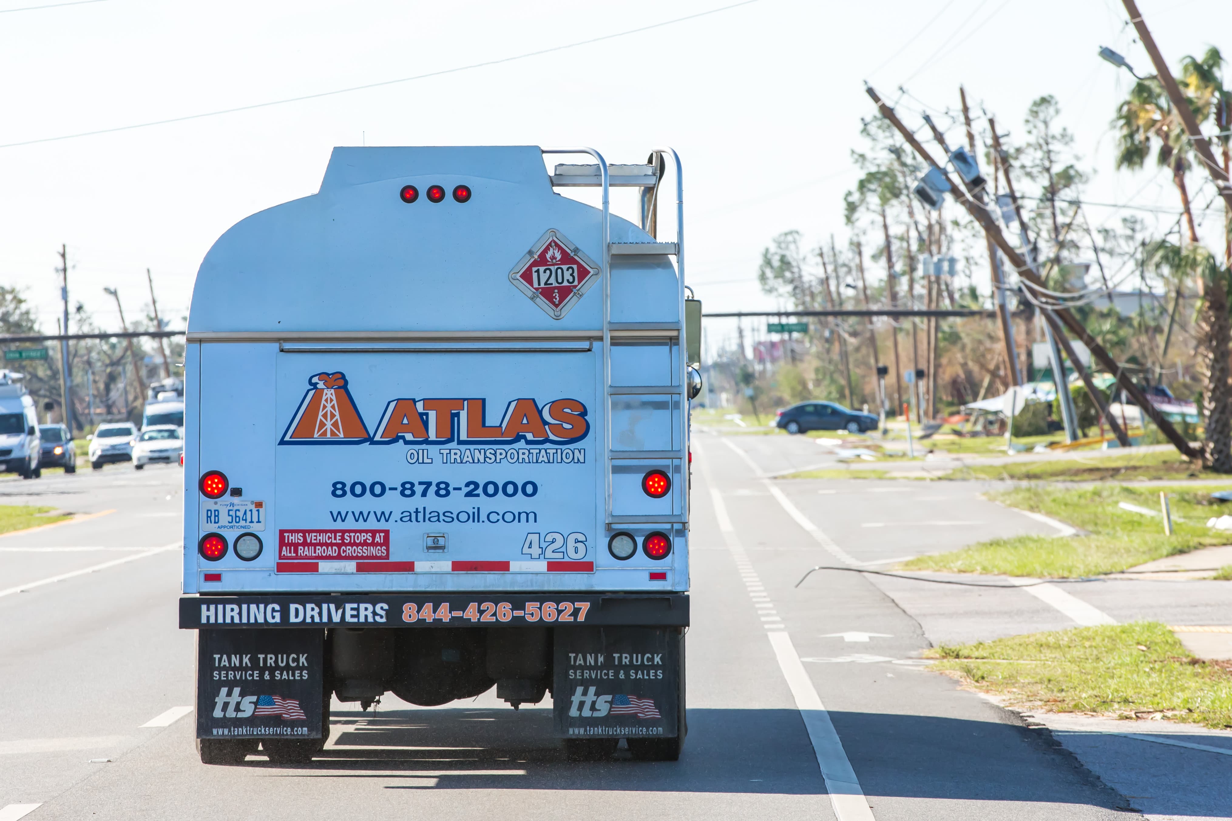 An Atlas Oil fuel tanker rolls through Panama City Beach after Hurricane Michael destroyed much of the infrastructure.